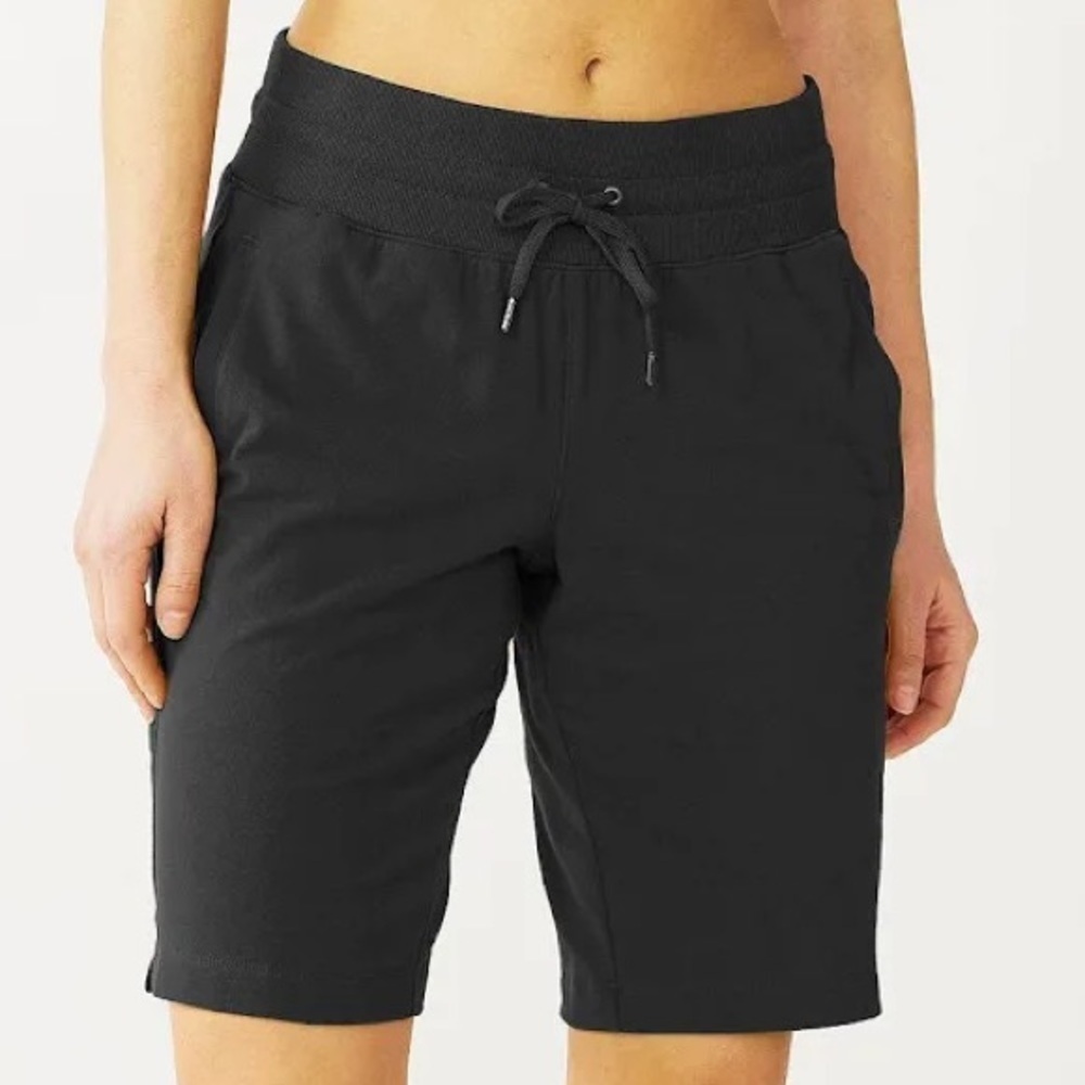 Lorna Jane Bermuda Shorts Drawstring Waistband Adjustable Hem Black Nylon SZ M